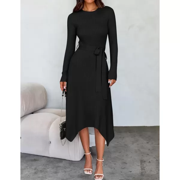 imageZESICA Womens 2024 Fall Long Sleeve Crewneck Ribbed Knit High Waist Midi Sweater Dresses with BeltBlack