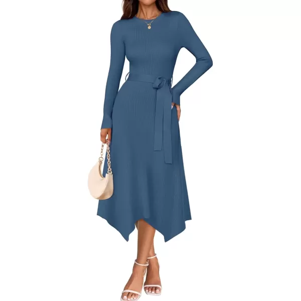 imageZESICA Womens 2024 Fall Long Sleeve Crewneck Ribbed Knit High Waist Midi Sweater Dresses with BeltDark Blue