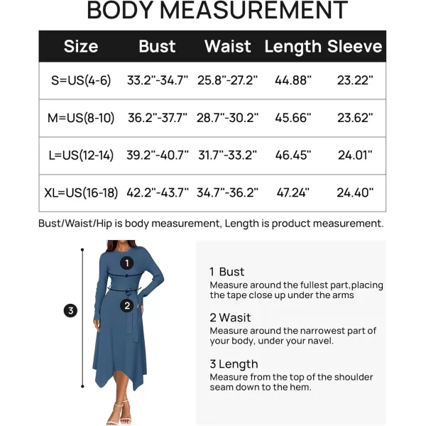 imageZESICA Womens 2024 Fall Long Sleeve Crewneck Ribbed Knit High Waist Midi Sweater Dresses with BeltDark Blue