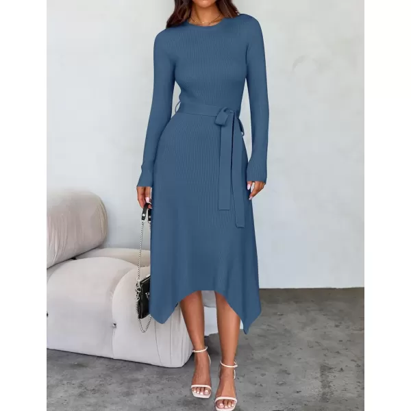 imageZESICA Womens 2024 Fall Long Sleeve Crewneck Ribbed Knit High Waist Midi Sweater Dresses with BeltDark Blue