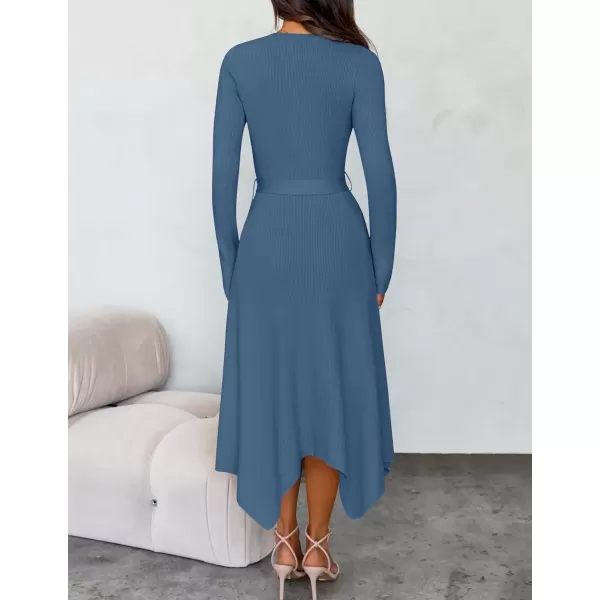 imageZESICA Womens 2024 Fall Long Sleeve Crewneck Ribbed Knit High Waist Midi Sweater Dresses with BeltDark Blue