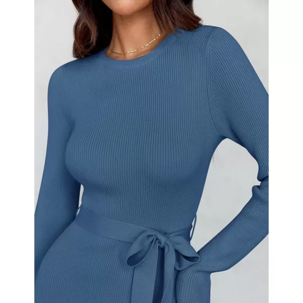 imageZESICA Womens 2024 Fall Long Sleeve Crewneck Ribbed Knit High Waist Midi Sweater Dresses with BeltDark Blue