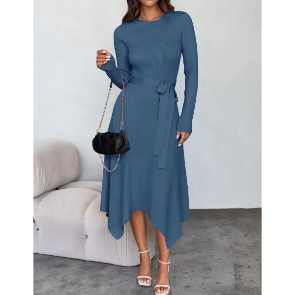 imageZESICA Womens 2024 Fall Long Sleeve Crewneck Ribbed Knit High Waist Midi Sweater Dresses with BeltDark Blue