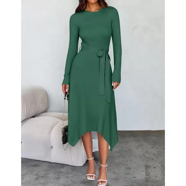 imageZESICA Womens 2024 Fall Long Sleeve Crewneck Ribbed Knit High Waist Midi Sweater Dresses with BeltGreen
