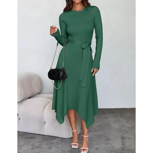 imageZESICA Womens 2024 Fall Long Sleeve Crewneck Ribbed Knit High Waist Midi Sweater Dresses with BeltGreen
