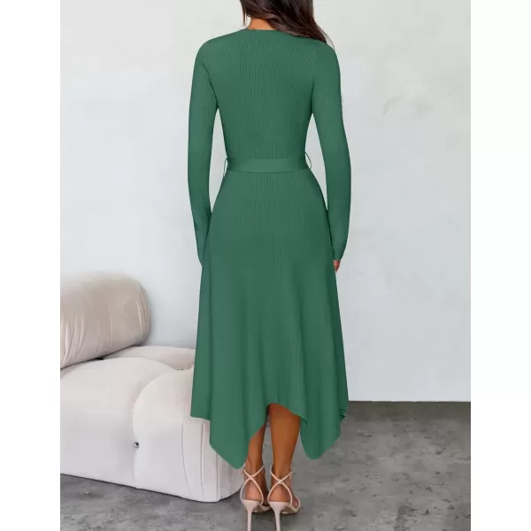 imageZESICA Womens 2024 Fall Long Sleeve Crewneck Ribbed Knit High Waist Midi Sweater Dresses with BeltGreen