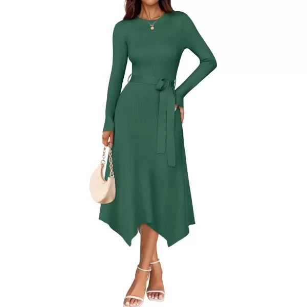 imageZESICA Womens 2024 Fall Long Sleeve Crewneck Ribbed Knit High Waist Midi Sweater Dresses with BeltGreen
