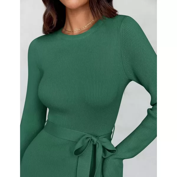 imageZESICA Womens 2024 Fall Long Sleeve Crewneck Ribbed Knit High Waist Midi Sweater Dresses with BeltGreen