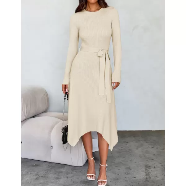 imageZESICA Womens 2024 Fall Long Sleeve Crewneck Ribbed Knit High Waist Midi Sweater Dresses with BeltIvory