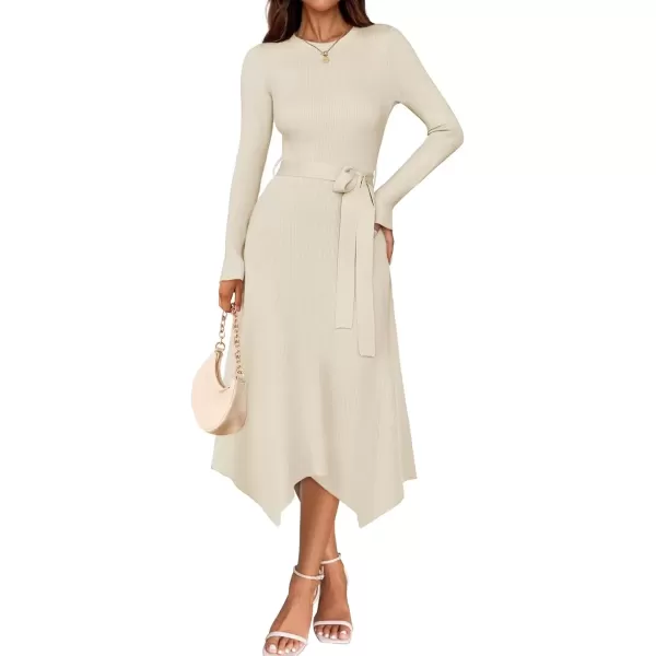 imageZESICA Womens 2024 Fall Long Sleeve Crewneck Ribbed Knit High Waist Midi Sweater Dresses with BeltIvory