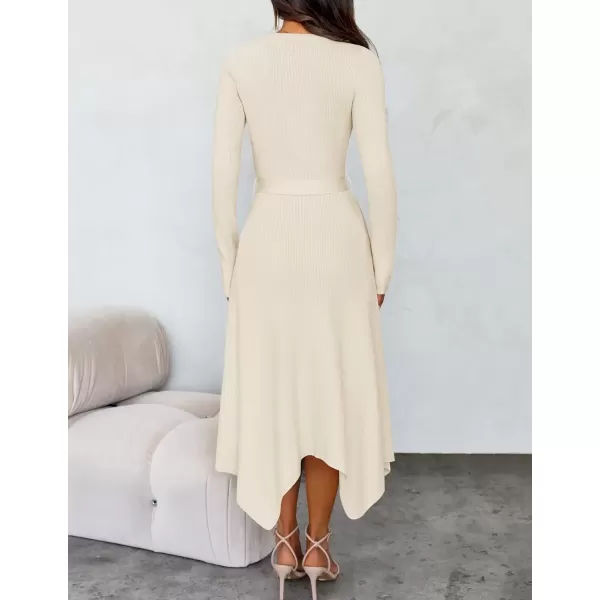 imageZESICA Womens 2024 Fall Long Sleeve Crewneck Ribbed Knit High Waist Midi Sweater Dresses with BeltIvory