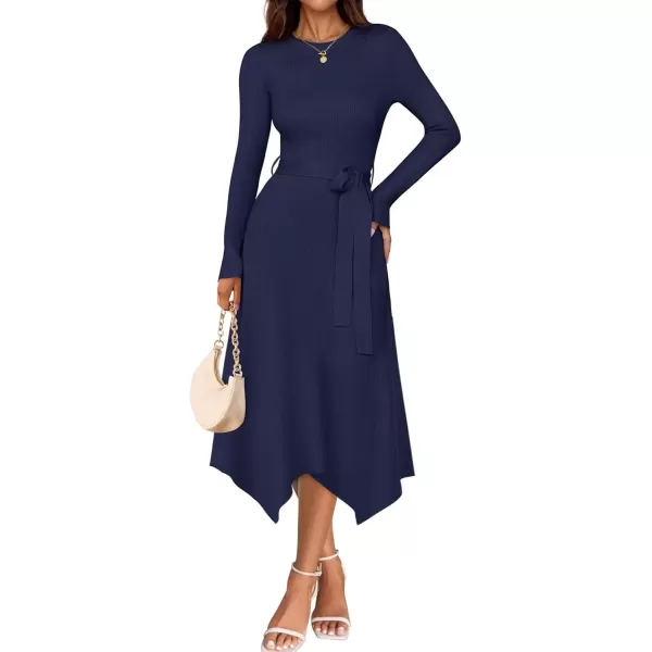 imageZESICA Womens 2024 Fall Long Sleeve Crewneck Ribbed Knit High Waist Midi Sweater Dresses with BeltNavy