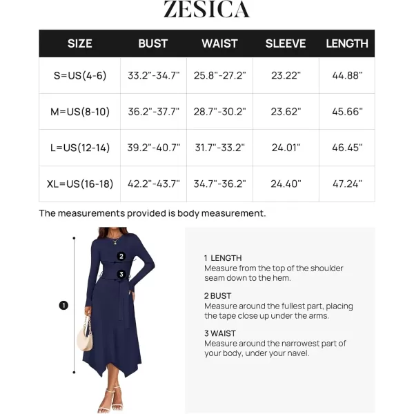 imageZESICA Womens 2024 Fall Long Sleeve Crewneck Ribbed Knit High Waist Midi Sweater Dresses with BeltNavy