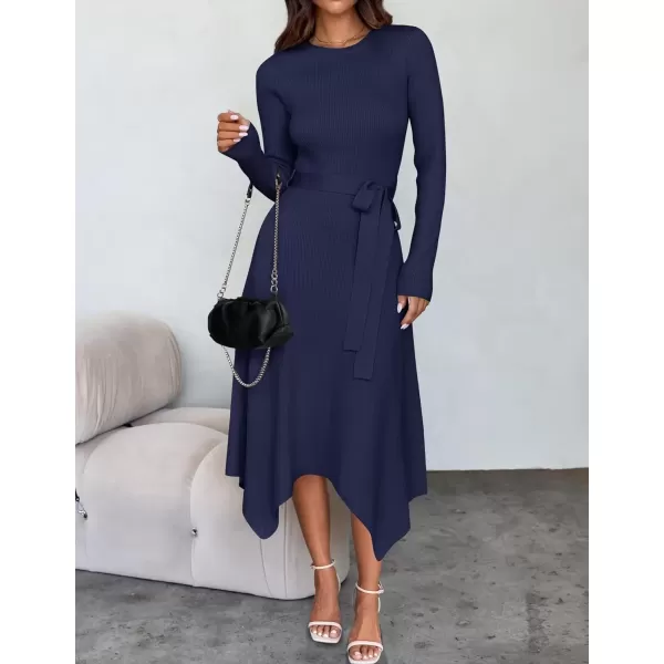 imageZESICA Womens 2024 Fall Long Sleeve Crewneck Ribbed Knit High Waist Midi Sweater Dresses with BeltNavy