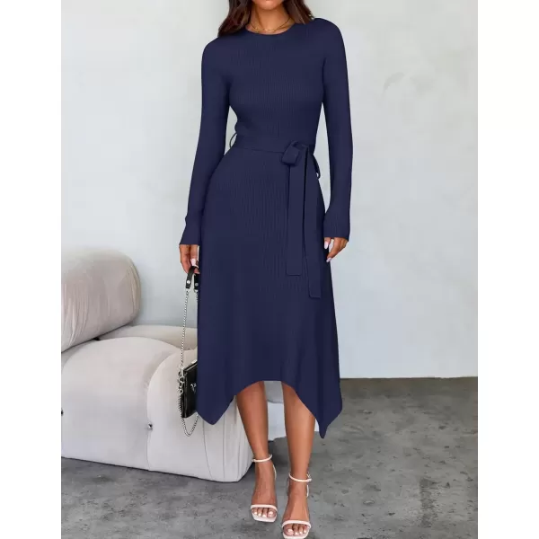 imageZESICA Womens 2024 Fall Long Sleeve Crewneck Ribbed Knit High Waist Midi Sweater Dresses with BeltNavy