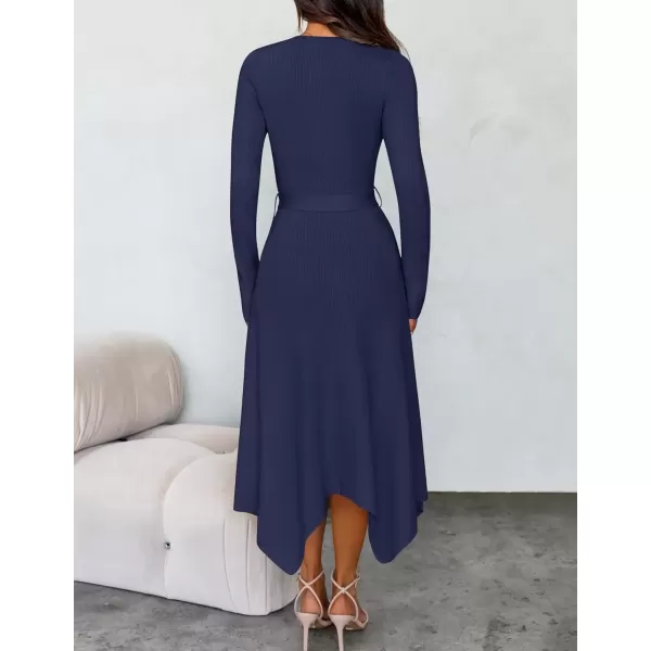 imageZESICA Womens 2024 Fall Long Sleeve Crewneck Ribbed Knit High Waist Midi Sweater Dresses with BeltNavy