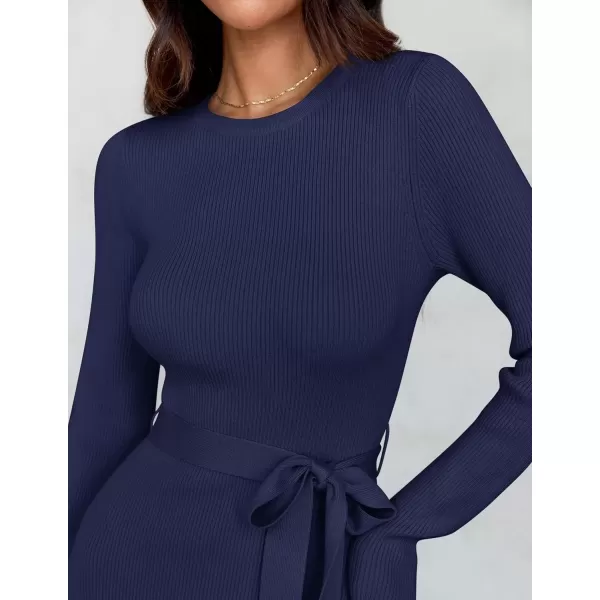 imageZESICA Womens 2024 Fall Long Sleeve Crewneck Ribbed Knit High Waist Midi Sweater Dresses with BeltNavy