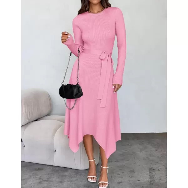 imageZESICA Womens 2024 Fall Long Sleeve Crewneck Ribbed Knit High Waist Midi Sweater Dresses with BeltPink