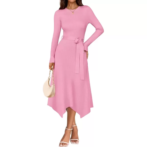 imageZESICA Womens 2024 Fall Long Sleeve Crewneck Ribbed Knit High Waist Midi Sweater Dresses with BeltPink