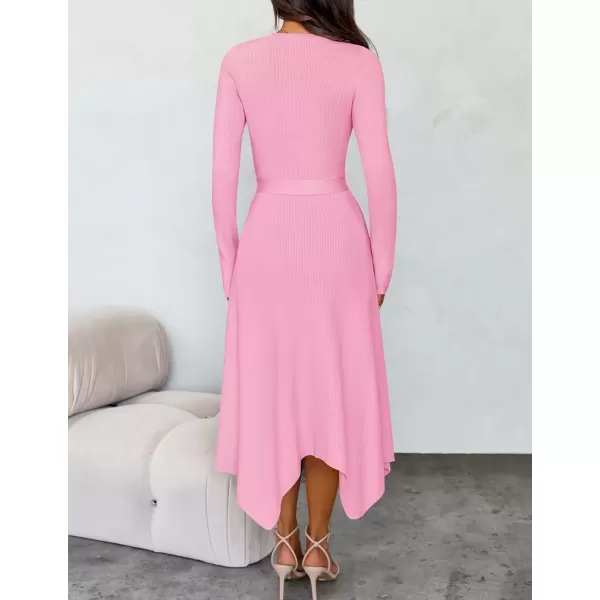 imageZESICA Womens 2024 Fall Long Sleeve Crewneck Ribbed Knit High Waist Midi Sweater Dresses with BeltPink