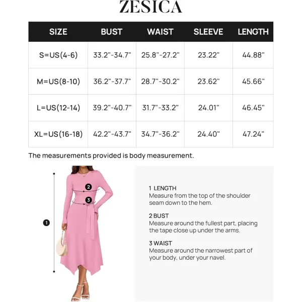 imageZESICA Womens 2024 Fall Long Sleeve Crewneck Ribbed Knit High Waist Midi Sweater Dresses with BeltPink