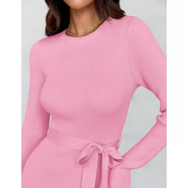 imageZESICA Womens 2024 Fall Long Sleeve Crewneck Ribbed Knit High Waist Midi Sweater Dresses with BeltPink