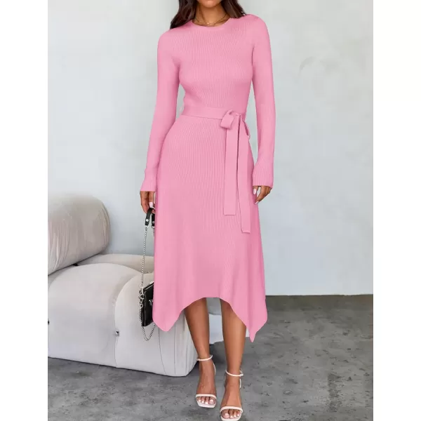 imageZESICA Womens 2024 Fall Long Sleeve Crewneck Ribbed Knit High Waist Midi Sweater Dresses with BeltPink