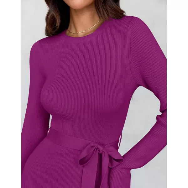 imageZESICA Womens 2024 Fall Long Sleeve Crewneck Ribbed Knit High Waist Midi Sweater Dresses with BeltPitaya