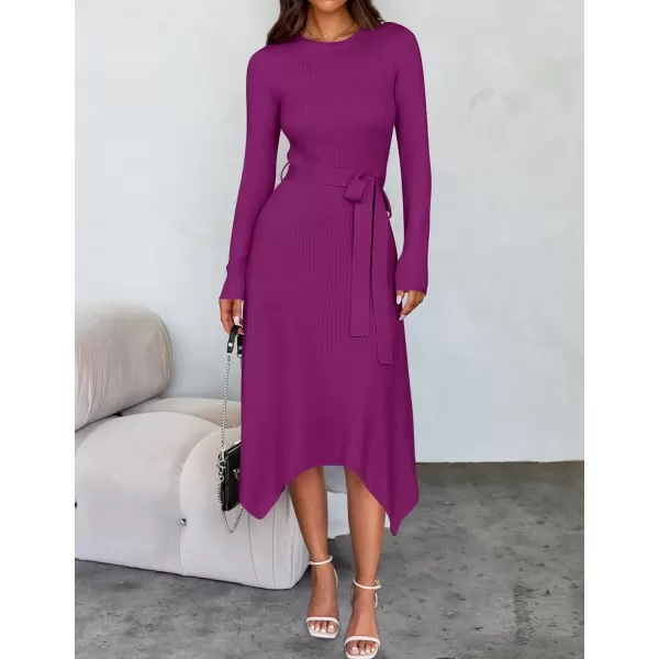 imageZESICA Womens 2024 Fall Long Sleeve Crewneck Ribbed Knit High Waist Midi Sweater Dresses with BeltPitaya