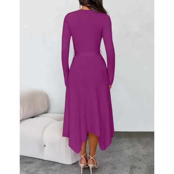 imageZESICA Womens 2024 Fall Long Sleeve Crewneck Ribbed Knit High Waist Midi Sweater Dresses with BeltPitaya