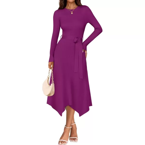 imageZESICA Womens 2024 Fall Long Sleeve Crewneck Ribbed Knit High Waist Midi Sweater Dresses with BeltPitaya