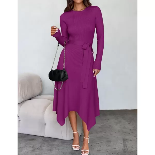 imageZESICA Womens 2024 Fall Long Sleeve Crewneck Ribbed Knit High Waist Midi Sweater Dresses with BeltPitaya