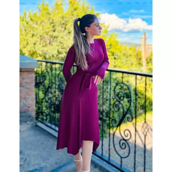 imageZESICA Womens 2024 Fall Long Sleeve Crewneck Ribbed Knit High Waist Midi Sweater Dresses with BeltPitaya