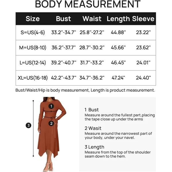 imageZESICA Womens 2024 Fall Long Sleeve Crewneck Ribbed Knit High Waist Midi Sweater Dresses with BeltRust