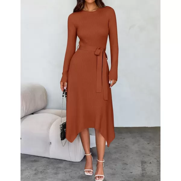 imageZESICA Womens 2024 Fall Long Sleeve Crewneck Ribbed Knit High Waist Midi Sweater Dresses with BeltRust
