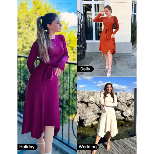 imageZESICA Womens 2024 Fall Long Sleeve Crewneck Ribbed Knit High Waist Midi Sweater Dresses with BeltRust