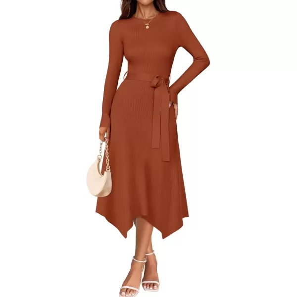 imageZESICA Womens 2024 Fall Long Sleeve Crewneck Ribbed Knit High Waist Midi Sweater Dresses with BeltRust