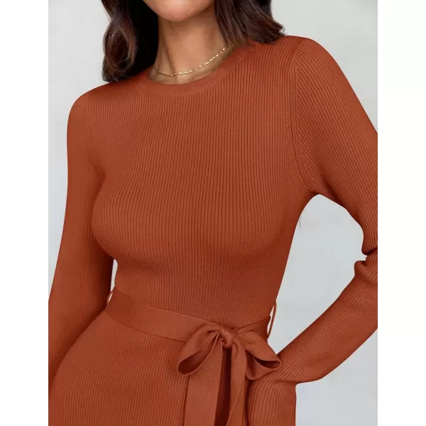 imageZESICA Womens 2024 Fall Long Sleeve Crewneck Ribbed Knit High Waist Midi Sweater Dresses with BeltRust