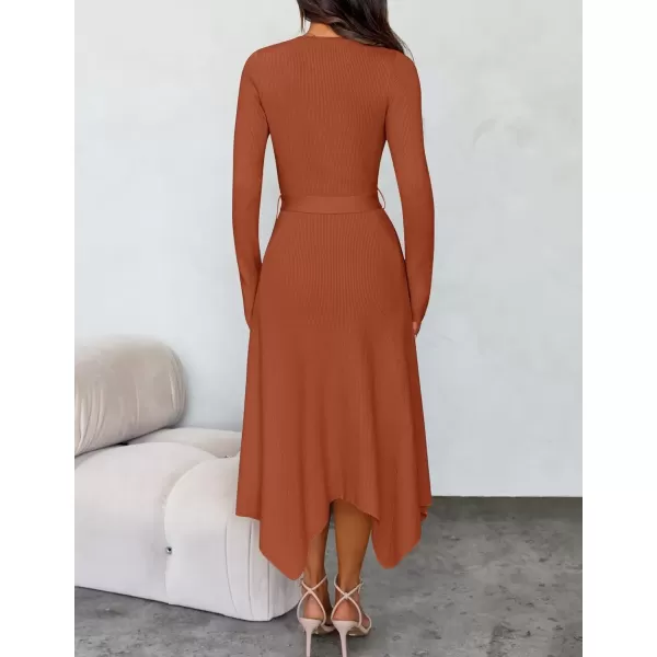 imageZESICA Womens 2024 Fall Long Sleeve Crewneck Ribbed Knit High Waist Midi Sweater Dresses with BeltRust