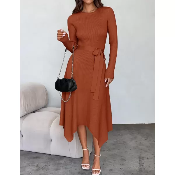 imageZESICA Womens 2024 Fall Long Sleeve Crewneck Ribbed Knit High Waist Midi Sweater Dresses with BeltRust