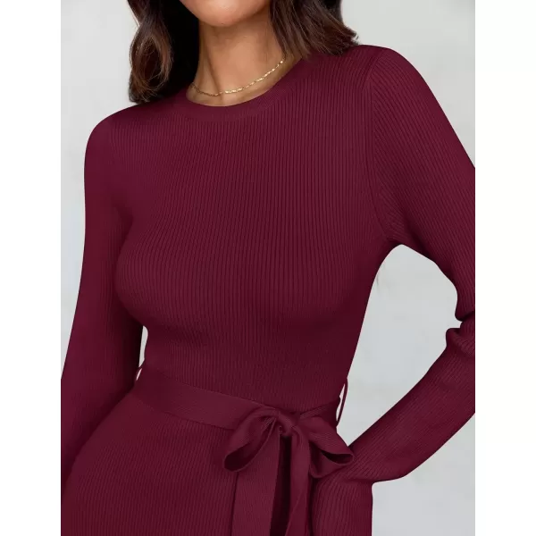 imageZESICA Womens 2024 Fall Long Sleeve Crewneck Ribbed Knit High Waist Midi Sweater Dresses with BeltWine