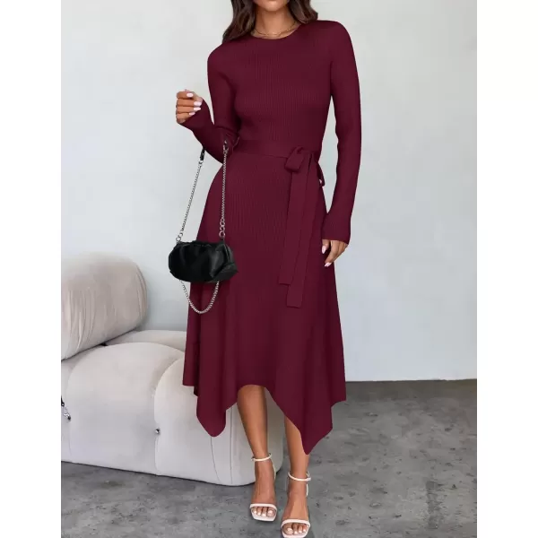 imageZESICA Womens 2024 Fall Long Sleeve Crewneck Ribbed Knit High Waist Midi Sweater Dresses with BeltWine
