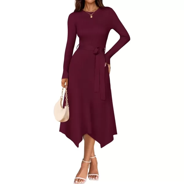 imageZESICA Womens 2024 Fall Long Sleeve Crewneck Ribbed Knit High Waist Midi Sweater Dresses with BeltWine