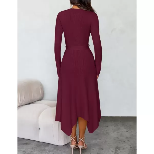 imageZESICA Womens 2024 Fall Long Sleeve Crewneck Ribbed Knit High Waist Midi Sweater Dresses with BeltWine