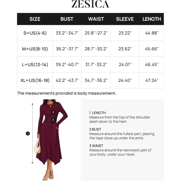 imageZESICA Womens 2024 Fall Long Sleeve Crewneck Ribbed Knit High Waist Midi Sweater Dresses with BeltWine