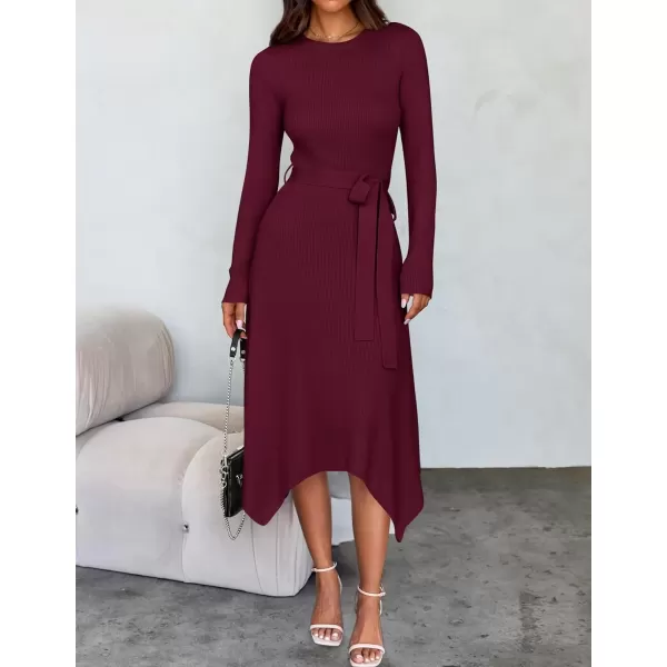 imageZESICA Womens 2024 Fall Long Sleeve Crewneck Ribbed Knit High Waist Midi Sweater Dresses with BeltWine