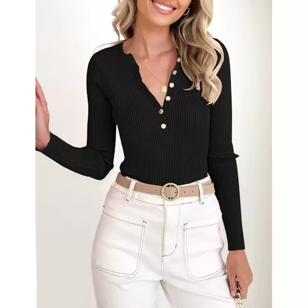 imageZESICA Womens 2024 Long Sleeve Button Down V Neck Slim Fitted T Shirts Fall Casual Ribbed Knit Basic Tee TopsBlack