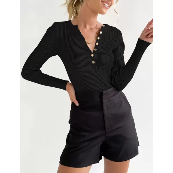 imageZESICA Womens 2024 Long Sleeve Button Down V Neck Slim Fitted T Shirts Fall Casual Ribbed Knit Basic Tee TopsBlack