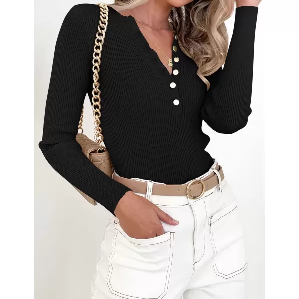 imageZESICA Womens 2024 Long Sleeve Button Down V Neck Slim Fitted T Shirts Fall Casual Ribbed Knit Basic Tee TopsBlack