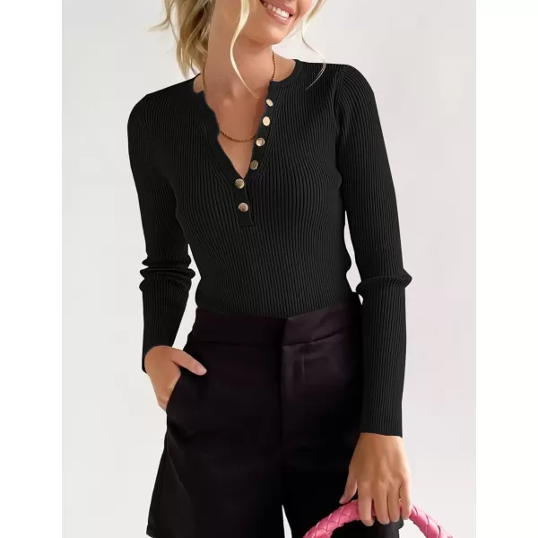 imageZESICA Womens 2024 Long Sleeve Button Down V Neck Slim Fitted T Shirts Fall Casual Ribbed Knit Basic Tee TopsBlack